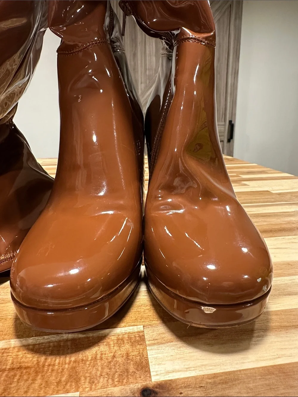 Steve Madden Patent Over-the-Knee Platform Boots in Cognac Brown 470